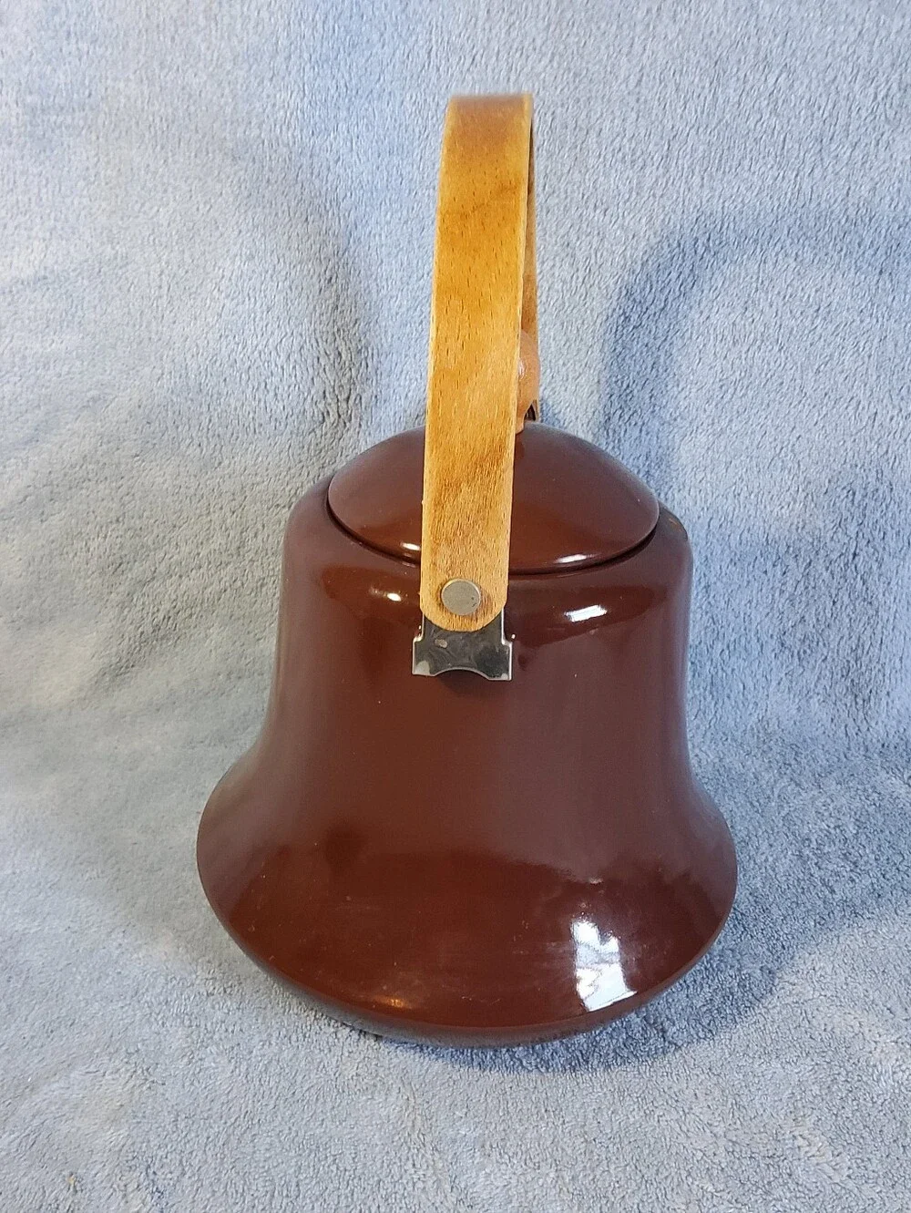 Vintage Brown Enamelware Tea Kettle Blue Speckled Interior Kitchenware Cowboy